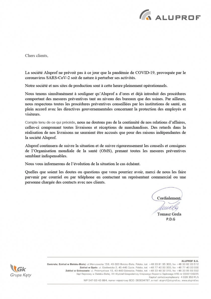 Lettre du CEO du conseil d'administration d'ALUPROF concernant les activités de l'entreprise pendant la crise de coronavirus (COVID-19)